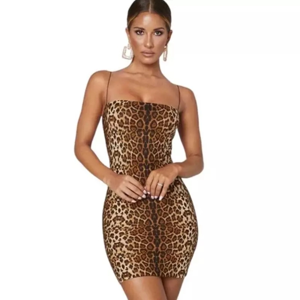 Meshki Mia Thin Strap Square Neck Bodycon Dress, Animal Print, size Small